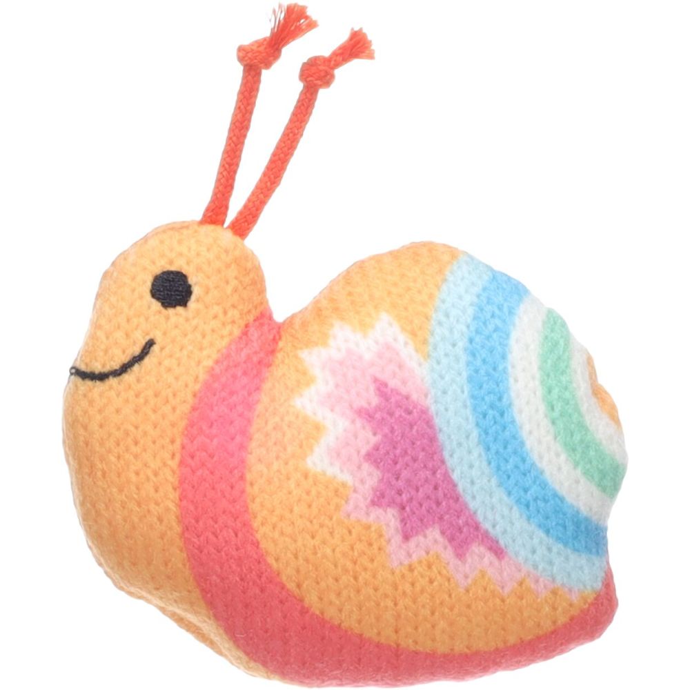 Kolorowa pomarańczowa tekstylna zabawka dla kota w kształcie ślimaka Flamingo Nitz z kocimiętką o długości 7,8 cm.