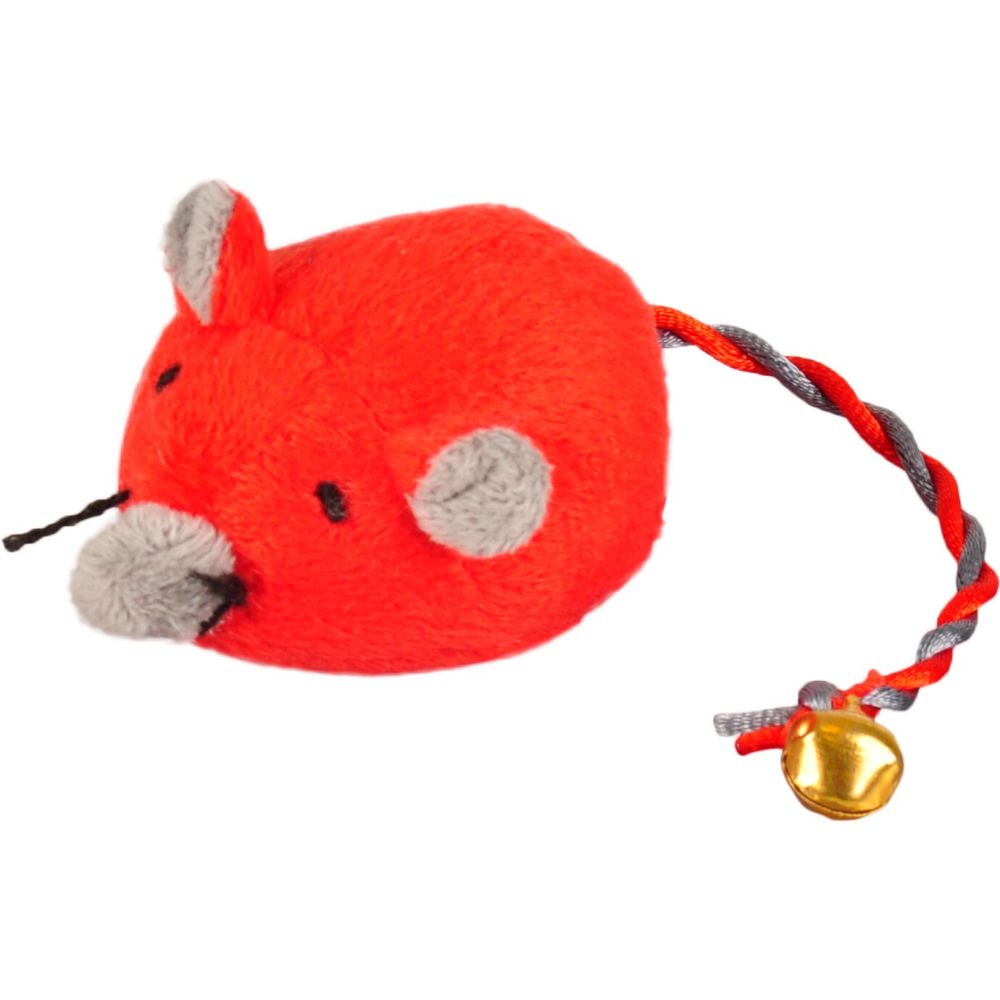 Czerwono-szara tekstylna myszka dla kota Flamingo Jerry z dzwoneczkiem na ogonku o długości 18 cm.