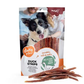 Apetyczne miękkie paski z kaczki dla psa Duvo+ 80g w opakowaniu, bezzbożowy i bezglutenowy zdrowy przysmak