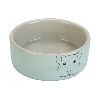 Miętowa ceramiczna miska dla świnki morskiej Beeztees Frinca o średnicy 10 cm z rysunkiem pyszczka świnki morskiej.
