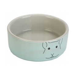 Miętowa ceramiczna miska dla świnki morskiej Beeztees Frinca o średnicy 10 cm z rysunkiem pyszczka świnki morskiej.