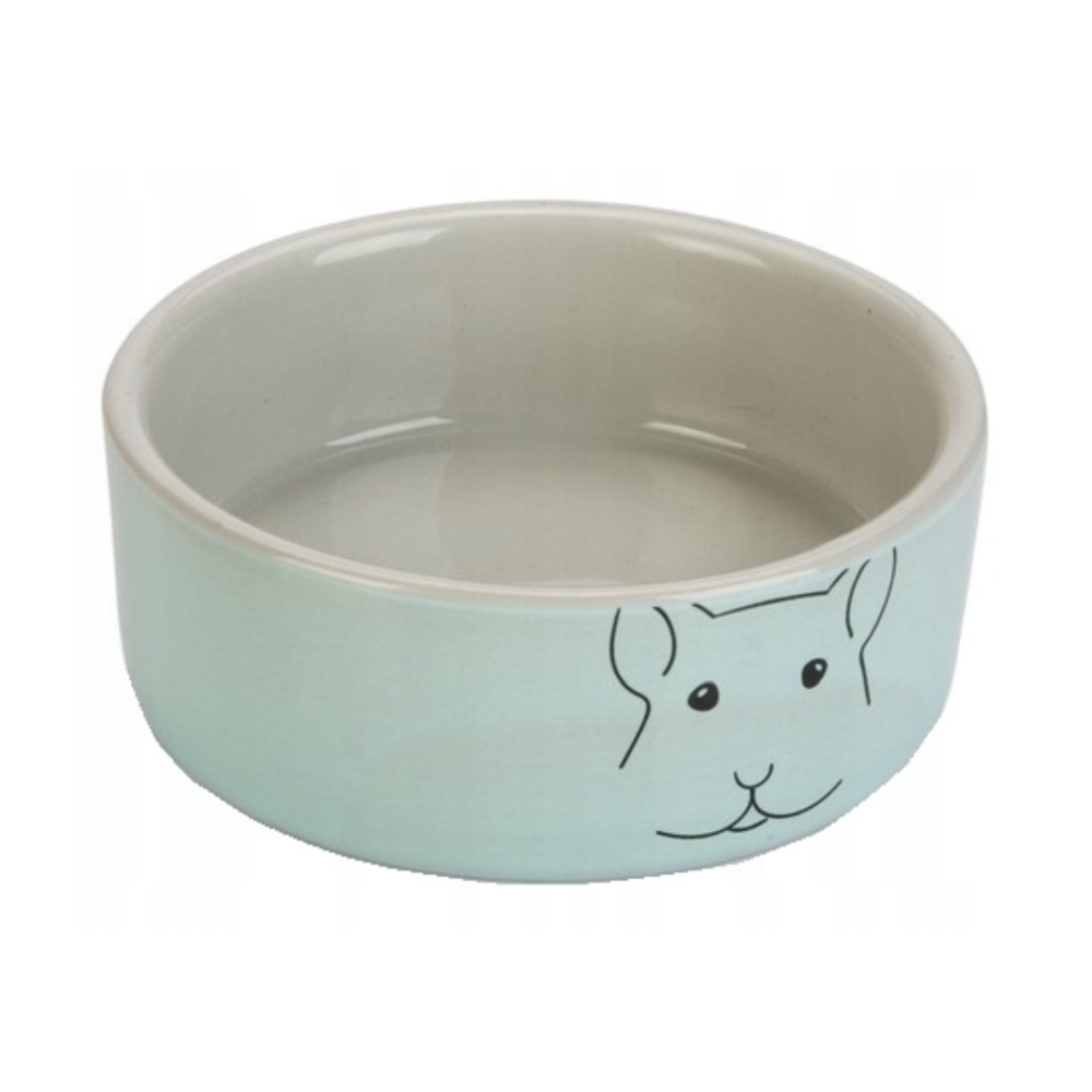 Miętowa ceramiczna miska dla świnki morskiej Beeztees Frinca o średnicy 10 cm z rysunkiem pyszczka świnki morskiej.