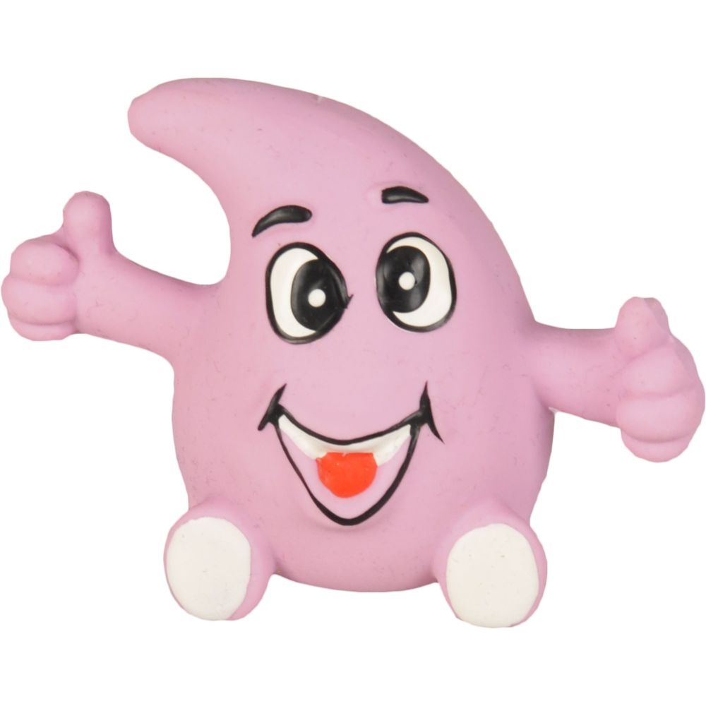 Urocza lateksowa zabawka dla szczeniąt w kształcie kropli z wesołą buźką Flamingo Bodhi o długości 9 cm.