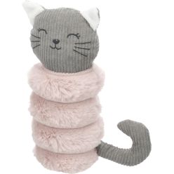Różowo-szara pluszowa i sztruksowa zabawka dla psa w kształcie kota Flamingo Ribola o wysokości 22 cm.