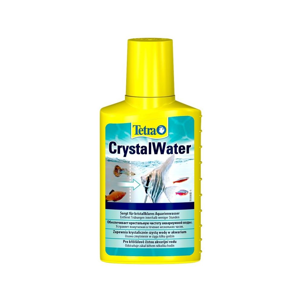 Butelka preparatu akwarystycznego Tetra CrystalWater 100ml do szybkiego klarowania mętnej wody w akwarium słodkowodnym.