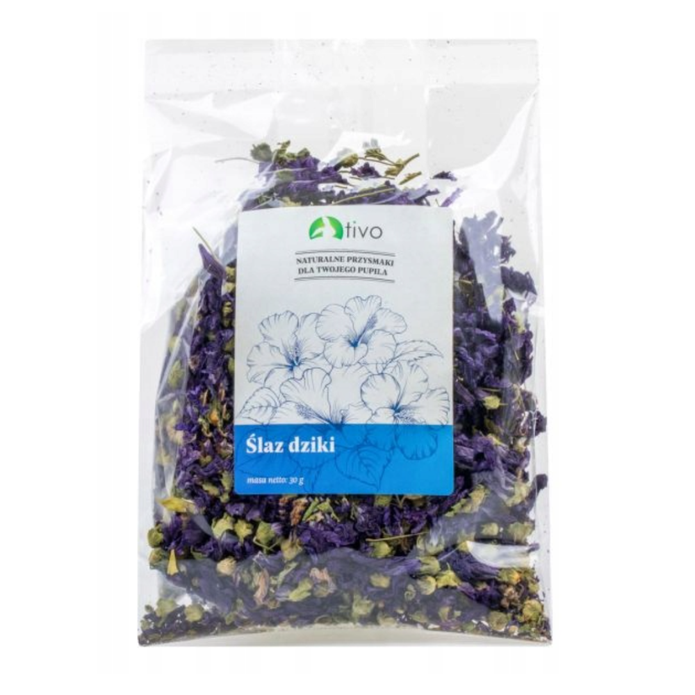 Opakowanie 30g naturalnych suszonych kwiatów ślazu dzikiego TIVO dla królików i gryzoni.
