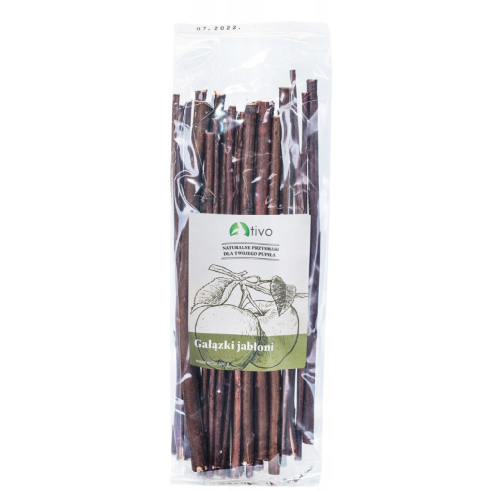 Opakowanie 300g naturalnych, długich gałązek jabłoni TIVO XXL o długości 23 cm dla królików i gryzoni.