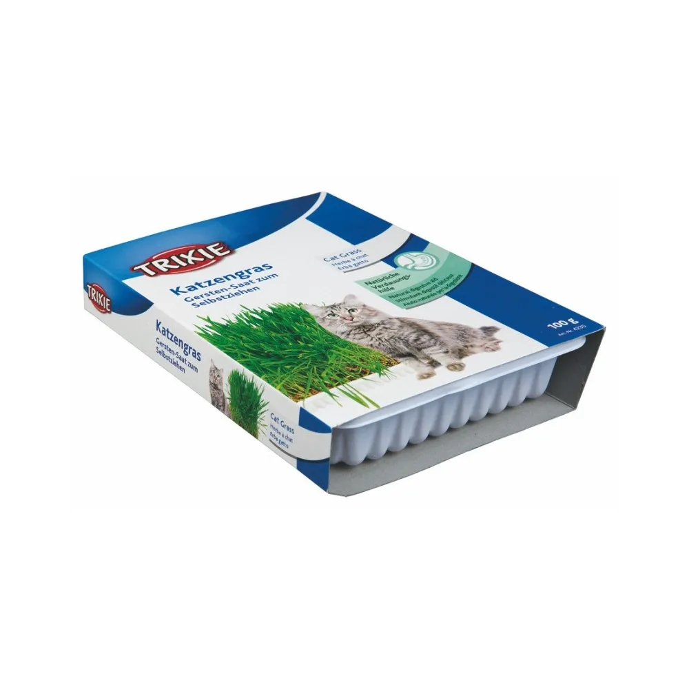 Zestaw do uprawy trawy dla kota Trixie, pokazujący plastikowy pojemnik z rosnącą, soczyście zieloną trawą.