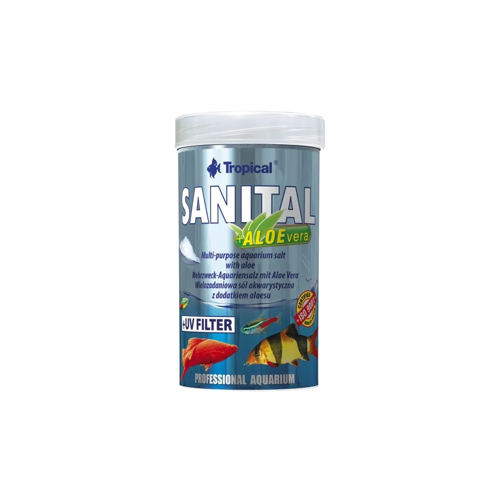 Puszka soli akwarystycznej Tropical Sanital 100ml z ekstraktem z aloesu, regenerująca naskórek i chroniąca r