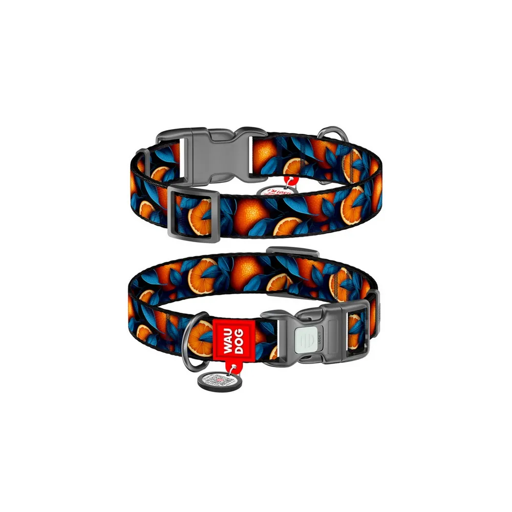 Collar Waudog Nylon Obroża Nylonowa Z Qr-Paszportem, Plastikowy Fastex, Wzór Pomarańcze, 20Mm/28-40Cm