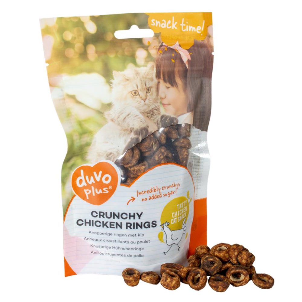 Duvo+ Crunchy Chicken Rings 50g - chrupiące pierścienie z kurczakiem dla kota w żółtym opakowaniu