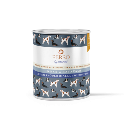 karma mokra PERRO Gourmet koza z batatami 800g dla psów dorosłych – puszka z grafiką psów, bezzbożowa monobiałkowa formuła