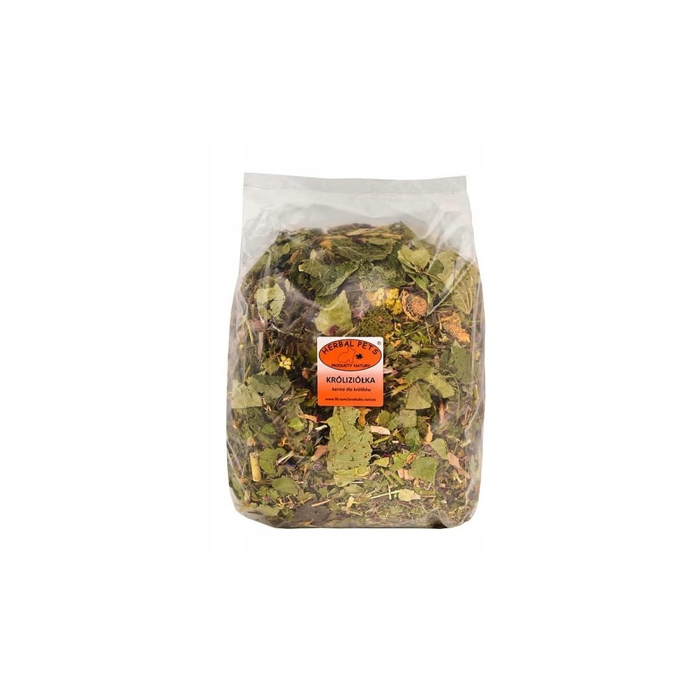 Herbal Pets Króliziółka 800g karma ziołowa dla królika w naturalnym opakowaniu na tle siana, konikpolny.pl
