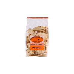 Herbal Pets Chipsy Pasternak 125g naturalne kawałki pasternaku w opakowaniu, na tle siana i warzyw, konikpolny.pl