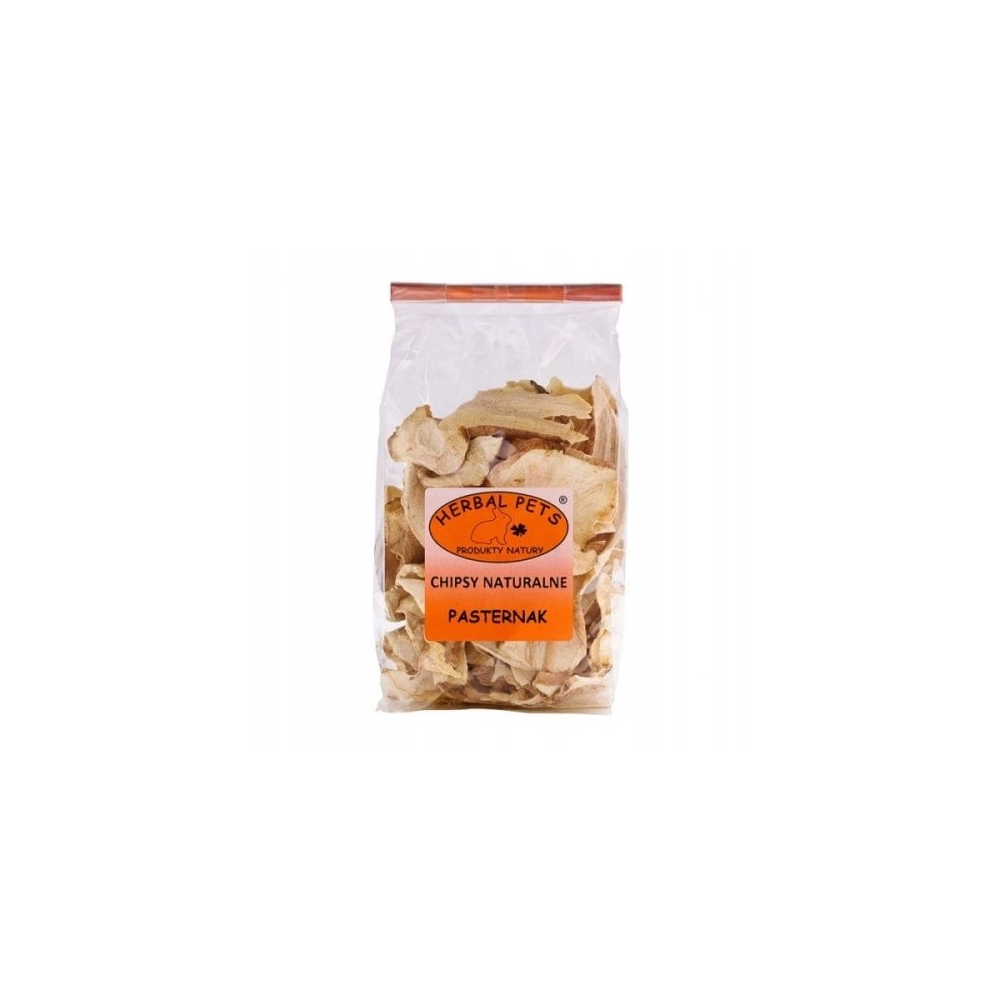 Herbal Pets Chipsy Pasternak 125g naturalne kawałki pasternaku w opakowaniu, na tle siana i warzyw, konikpolny.pl