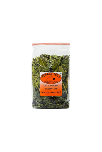 Herbal Pets Ziele Malwy z Kwiatem 70g w opakowaniu, na tle suszonych kwiatów malwy i siana, konikpolny.pl