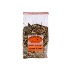 Herbal Pets Zioła Uzupełniające dla Świnki Morskiej 70g w opakowaniu, na tle świeżych ziół i siana, konikpolny.pl