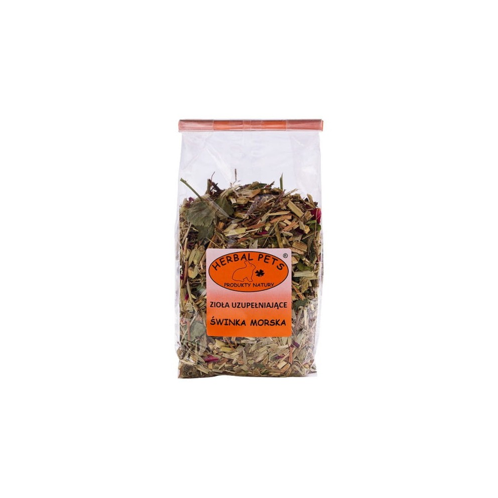 Herbal Pets Zioła Uzupełniające dla Świnki Morskiej 70g w opakowaniu, na tle świeżych ziół i siana, konikpolny.pl