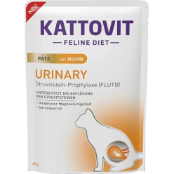 Saszetka karmy mokrej Kattovit Urinary Kurczak 85g dla kota z problemami układu moczowego, z wizerunkiem kurczaka