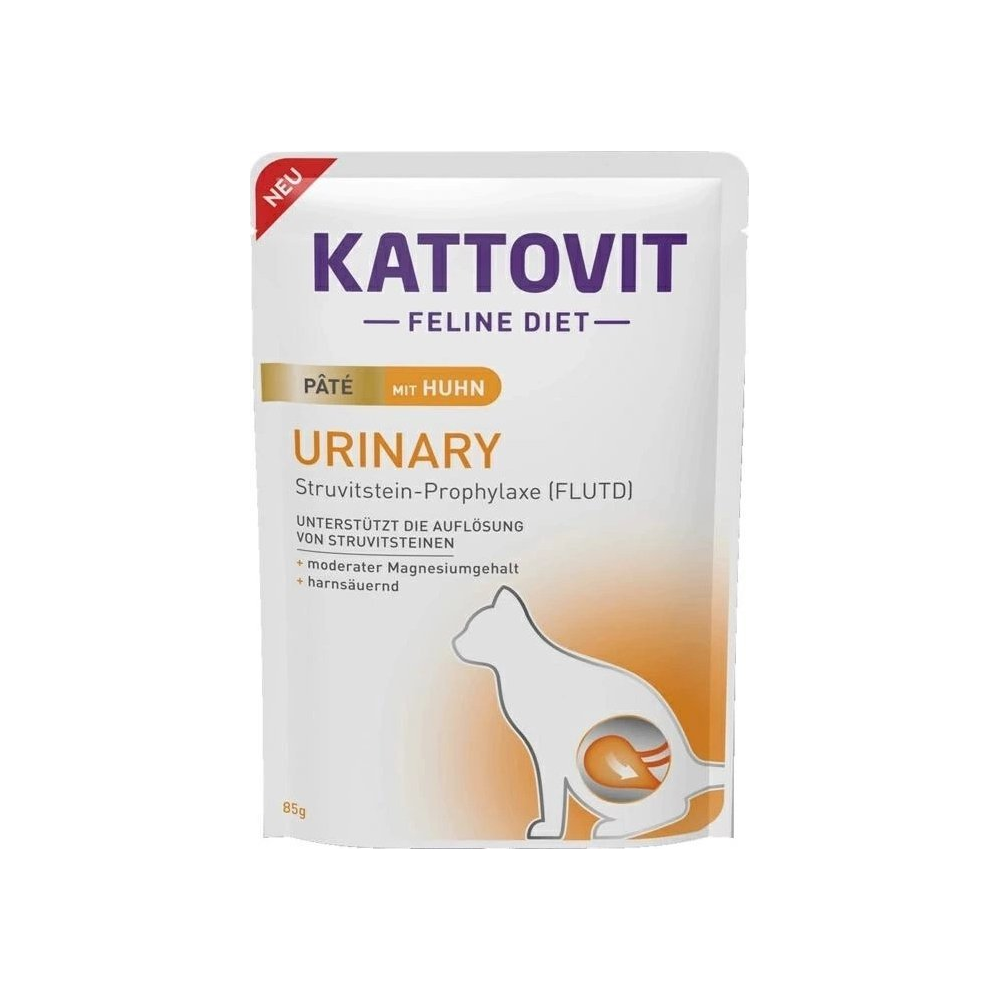 Saszetka karmy mokrej Kattovit Urinary Kurczak 85g dla kota z problemami układu moczowego, z wizerunkiem kurczaka