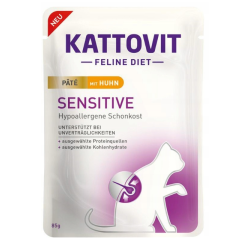 Saszetka karmy mokrej Kattovit Sensitive Kurczak 85g dla kotów z alergiami i wrażliwym trawieniem, z wizerunkiem kurczaka,