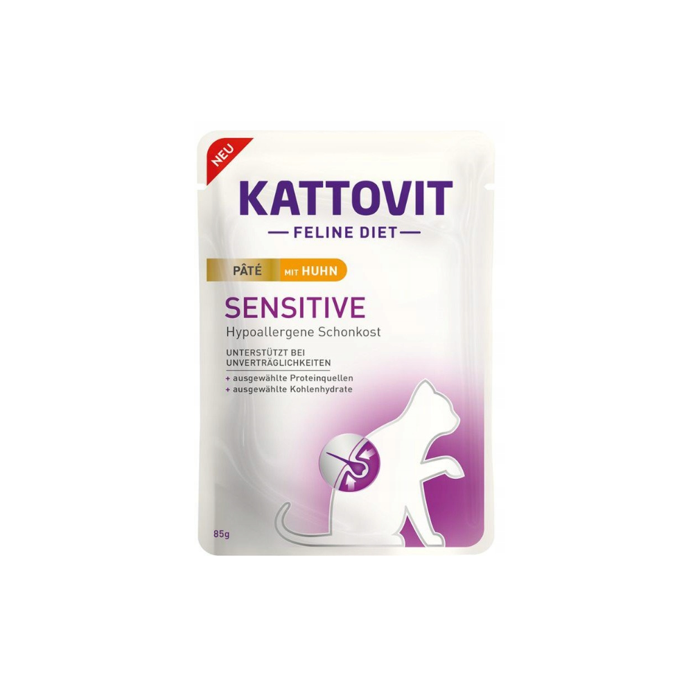 Saszetka karmy mokrej Kattovit Sensitive Kurczak 85g dla kotów z alergiami i wrażliwym trawieniem, z wizerunkiem kurczaka,