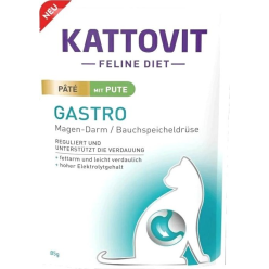 Saszetka karmy mokrej Kattovit Gastro Indyk 85g dla kota z problemami trawiennymi, z wizerunkiem indyka,