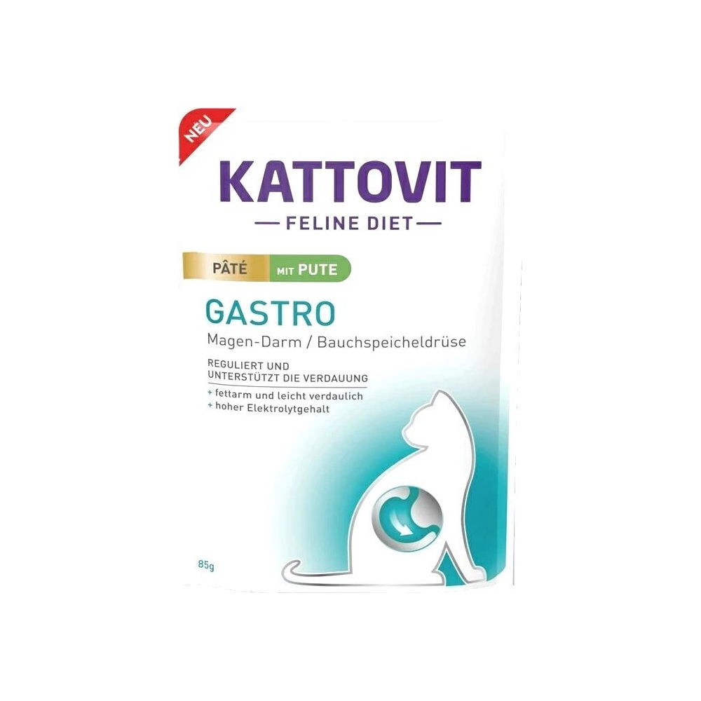 Saszetka karmy mokrej Kattovit Gastro Indyk 85g dla kota z problemami trawiennymi, z wizerunkiem indyka,