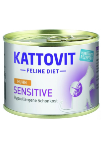 Puszka karmy Kattovit Sensitive Kurczak 185g dla kota z alergiami pokarmowymi, z wizerunkiem kota i kurczaka,