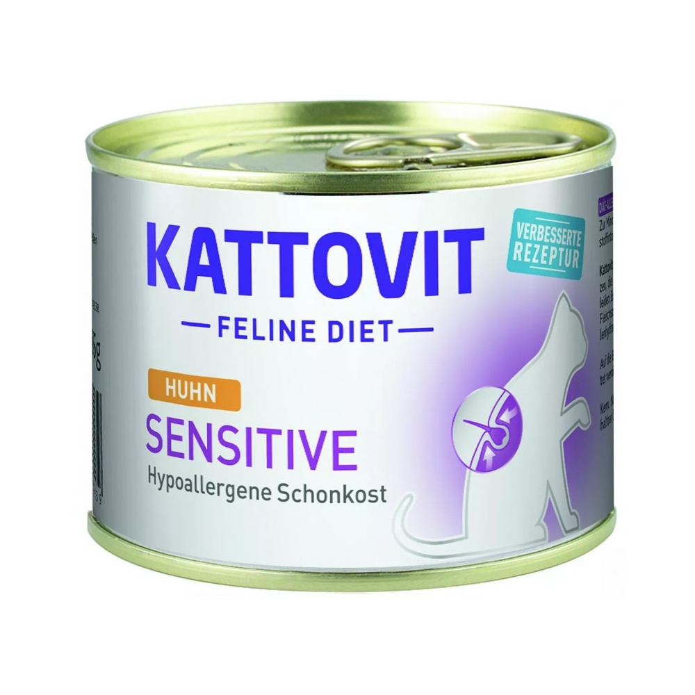 Puszka karmy Kattovit Sensitive Kurczak 185g dla kota z alergiami pokarmowymi, z wizerunkiem kota i kurczaka,