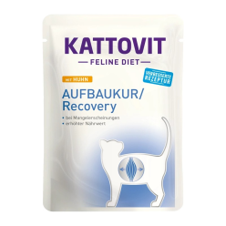 Saszetka karmy mokrej Kattovit Recovery 85g dla kota w okresie rekonwalescencji, z wizerunkiem kota i nazwą produktu,