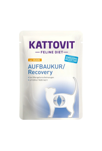 Saszetka karmy mokrej Kattovit Recovery 85g dla kota w okresie rekonwalescencji, z wizerunkiem kota i nazwą produktu,