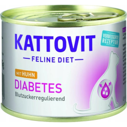 Puszka karmy Kattovit Diabetes Kurczak 185g dla kota z cukrzycą, z wizerunkiem kota i kurczaka,