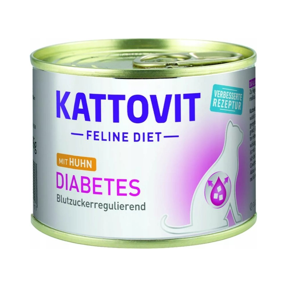 Puszka karmy Kattovit Diabetes Kurczak 185g dla kota z cukrzycą, z wizerunkiem kota i kurczaka,