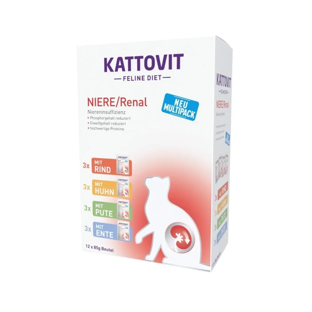 Opakowanie zbiorcze Kattovit Renal Multipak 12x85g z saszetkami karmy dla kotów z niewydolnością nerek,