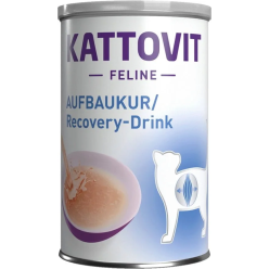 Kattovit Recovery Drink 135ml, płynnego preparatu dla kota w rekonwalescencji, z wizerunkiem kota i nazwą produktu,