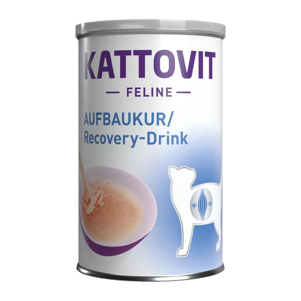 Kattovit Recovery Drink 135ml, płynnego preparatu dla kota w rekonwalescencji, z wizerunkiem kota i nazwą produktu,
