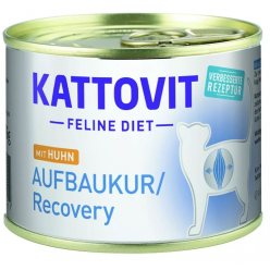 Puszka karmy Kattovit Recovery Kurczak 185g dla kota w rekonwalescencji, z wizerunkiem kota i kurczaka,