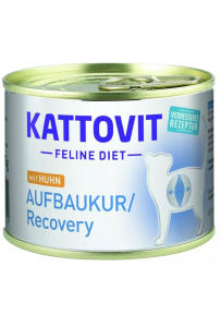 Puszka karmy Kattovit Recovery Kurczak 185g dla kota w rekonwalescencji, z wizerunkiem kota i kurczaka,