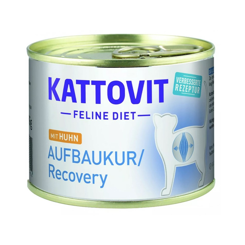 Puszka karmy Kattovit Recovery Kurczak 185g dla kota w rekonwalescencji, z wizerunkiem kota i kurczaka,