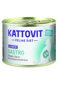 Puszka karmy Kattovit Gastro Kaczka 185g dla kota z problemami układu pokarmowego, z wizerunkiem kota i kaczki,