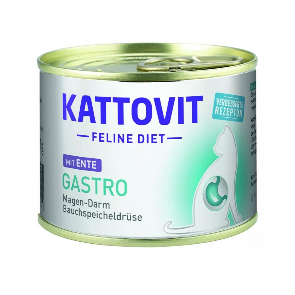 Puszka karmy Kattovit Gastro Kaczka 185g dla kota z problemami układu pokarmowego, z wizerunkiem kota i kaczki,