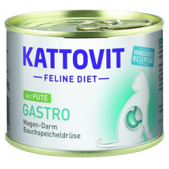 Puszka karmy Kattovit Gastro Indyk 185g dla kota z problemami układu pokarmowego, z wizerunkiem kota i indyka,