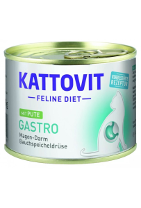 Puszka karmy Kattovit Gastro Indyk 185g dla kota z problemami układu pokarmowego, z wizerunkiem kota i indyka,