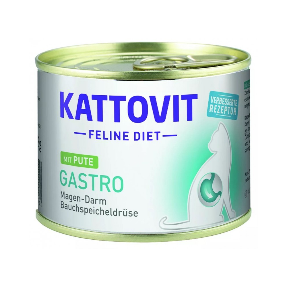 Puszka karmy Kattovit Gastro Indyk 185g dla kota z problemami układu pokarmowego, z wizerunkiem kota i indyka,