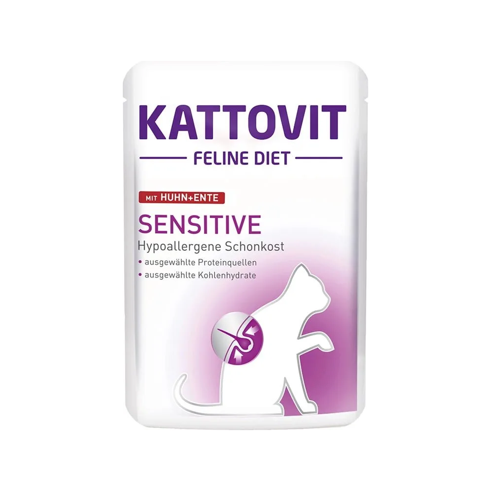 Saszetka karmy Kattovit Sensitive Kurczak i Kaczka 85g dla kota z alergiami pokarmowymi, z wizerunkiem kota,
