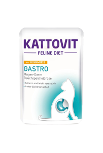 Saszetka karmy Kattovit Gastro Kurczak i Ryż 85g dla kota z problemami trawiennymi, z wizerunkiem kota,