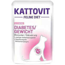 Saszetka karmy Kattovit Diabetes/Gewicht Łosoś 85g dla kota z cukrzycą, z wizerunkiem kota i łososia,