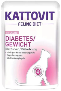 Saszetka karmy Kattovit Diabetes/Gewicht Łosoś 85g dla kota z cukrzycą, z wizerunkiem kota i łososia,