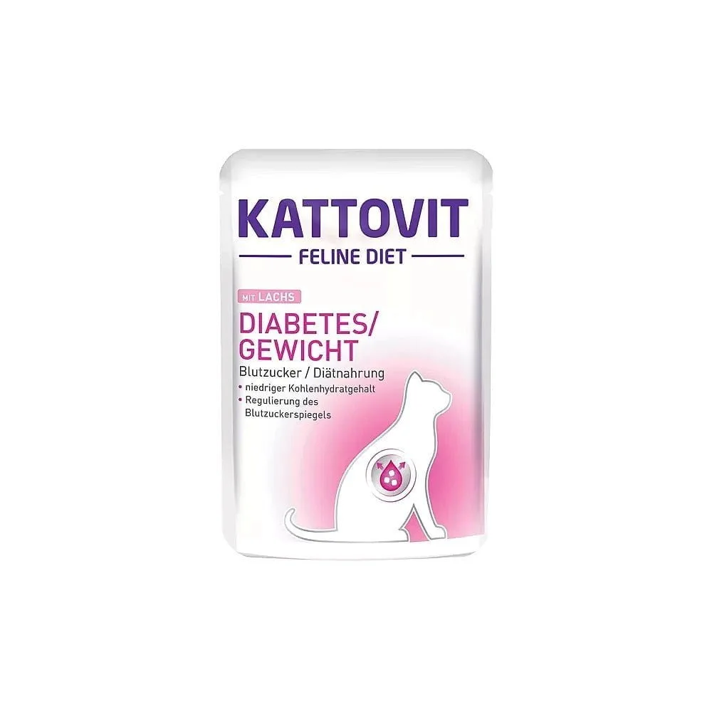 Saszetka karmy Kattovit Diabetes/Gewicht Łosoś 85g dla kota z cukrzycą, z wizerunkiem kota i łososia,